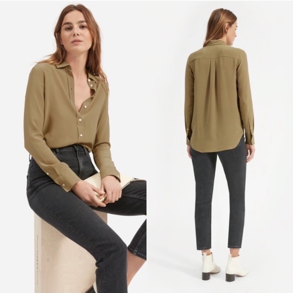Everlane Clean Silk Relaxed Button Down Shirt in Covert Green Size 6 - Picture 1 of 8